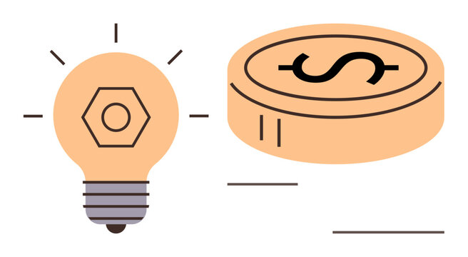 Lightbulb with a hexagonal design radiates ideas alongside a dollar coin symbolizing financial growth. Ideal for creativity, innovation, finance, strategy, entrepreneurship, energy, and investment