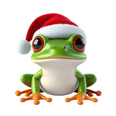 Cute animated amphibian wearing a festive winter hat sits, clipart, isolated on a transparent background.