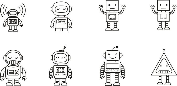 Cute Retro Robot Characters Line Art Icons Set with Various Shapes and Expressions for Technology and AI Vector.
