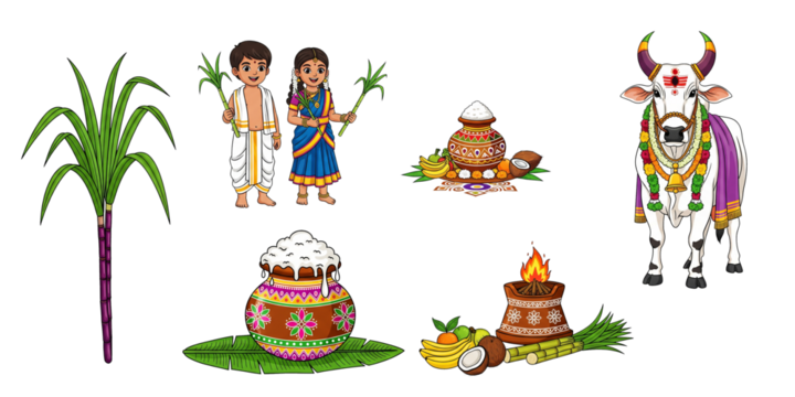 Collection of Pongal Festival Elements Including Sugarcane, Traditional Indian Couple, Decorated Cow, Overflowing Sweet Rice Pot. Transparent(PNG) Background,