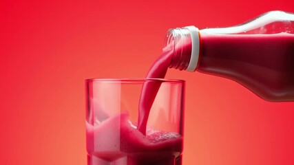 Vibrant red juice being poured into a clear glass from a bottle, against a solid red backdrop Stock Video - Powered by Adobe