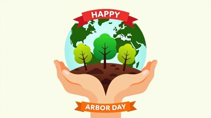 Hands holding earth with trees and happy arbor day banner