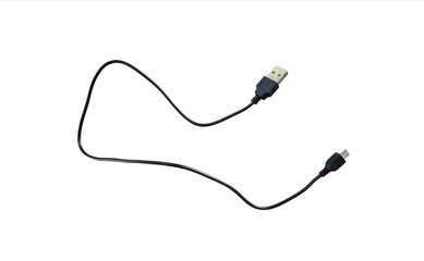 Black USB to micro-USB charging cable displayed on a clean white background in a simple layout