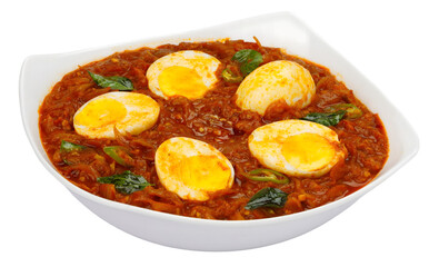 Delicious spicy egg curry served hot in white bowl