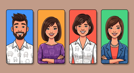 Four cartoon portraits of people with different backgrounds and outfits.
