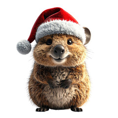 Small furry marsupial wearing a festive red and white winter cap, clipart, isolated on a transparent background.