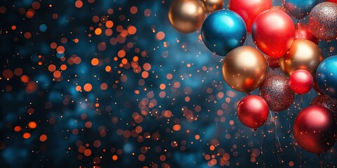 Christmas balloon background with glitter in red and blue colors and bokeh lights for New Year celebration party invitation card banner