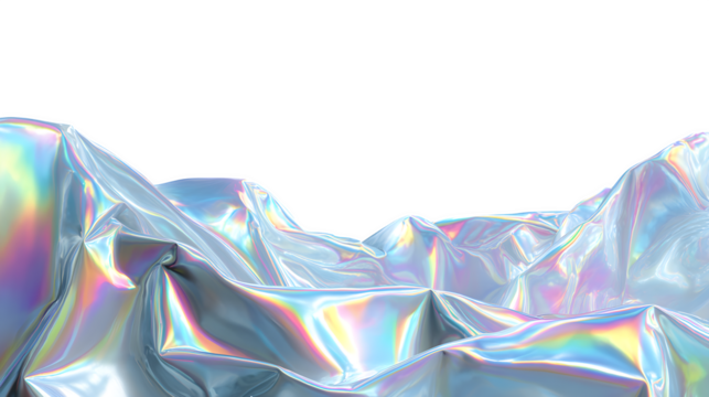 Iridescent crumpled foil, isolated on transparent background