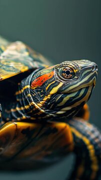 The turtle is sitting still and the captures its intricate shell pattern and vibrant colors around the eyes and neck.