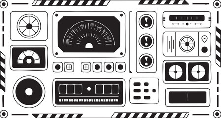 Retro Sci-Fi Control Panel Dashboard: Black and White Vintage Technical Interface and Gauge Display Line Art