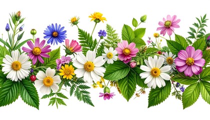 Floral Border with Vibrant Wildflowers and Lush Greenery.
