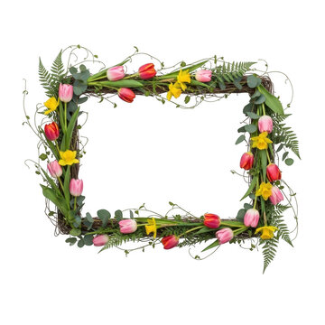Rectangular floral frame with tulips and daffodils isolated on transparent background