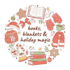 Books, Blankets and Holiday Magic Vector, Hand Drawn Cozy Christmas Bookish Doodle, Christmas Book Lover Design Vector