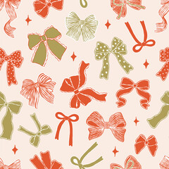 Christmas Bows Seamless Pattern, Red and Green Coquette Bows Digital Paper, Trendy Ribbon Bows Xmas Fabric, Cute Christmas Repeat Pattern Design Vector