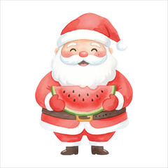 Santa Claus Holding Watermelon Slice Watercolor Vector Isolated on White Background
