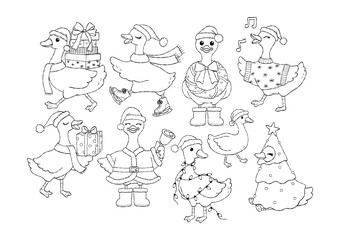Christmas Goose Collection Outline Vector, Hand Drawn Santa Goose Line Art Doodle, Trendy Christmas Animal Coloring Page Hand Drawn Design