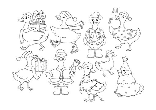 Christmas Goose Collection Outline Vector, Hand Drawn Santa Goose Line Art Doodle, Trendy Christmas Animal Coloring Page Hand Drawn Design