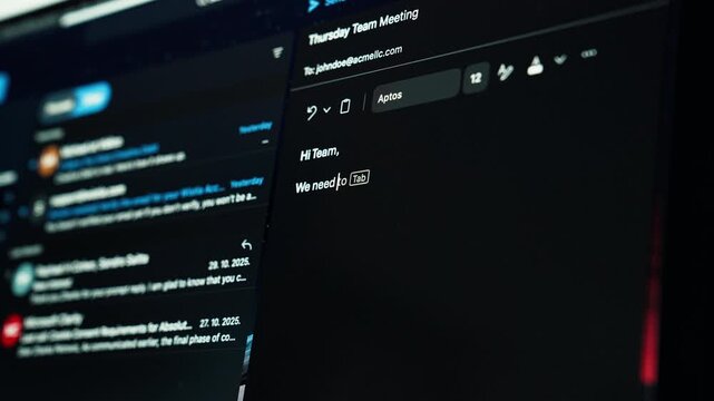 Detailed shot of a computer screen as someone types a corporate email to colleagues. Perfect for office, communication, technology, and modern workplace visuals.