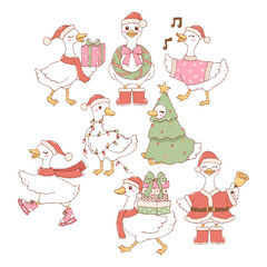 Christmas Goose Collection Vector, Hand Drawn Santa Goose Doodle, Trendy Christmas Animal Design Vector