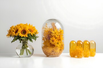 Still life with sunflowers pasta and honey jars against a white background