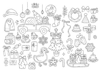 Christmas Goose Collection Outline Vector, Hand Drawn Santa Goose Line Art Doodle, Trendy Christmas Animal Coloring Page Hand Drawn Design