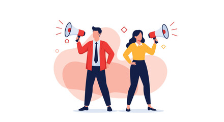 A diverse team of business professionals, a man and a woman, actively engage in public communication, holding megaphones to broadcast messages and promote ideas.