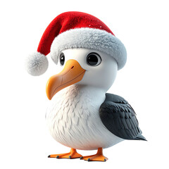 Cute cartoon seabird character wears a festive red and white holiday cap, clipart, isolated on a transparent background.