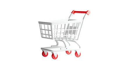 Shopping cart, white plastic, red handle and wheels, angled view
