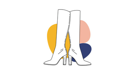 Fototapeta premium Elegant illustration of white high-heeled boots, crossed at the front, set against abstract yellow, pink, and navy blue organic shapes.