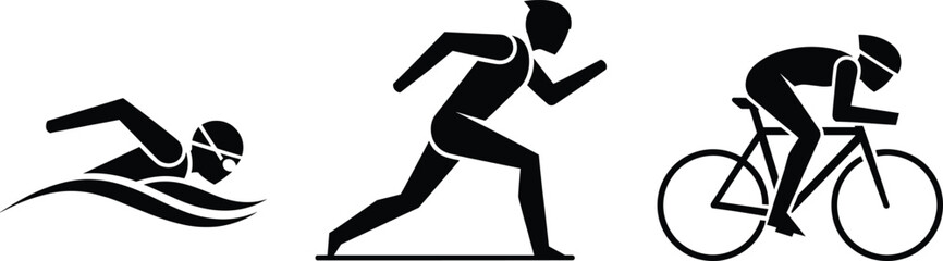 Triathlon Sports Icons Set: Swimming, Running, and Cycling Silhouettes for Endurance and Fitness Vector Illustration.