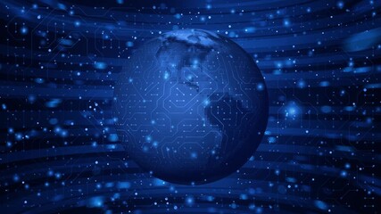 blue digital earth globe background with illuminated circuit board lines data particles and abstract technology network, electronic data system, cloud computing, global data flow, loopable animation - Powered by Adobe