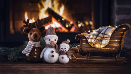 Adorable knitted Christmas reindeer, snowmen by cozy fireplace with festive wooden sleigh bring heartwarming holiday cheer and joyful memories