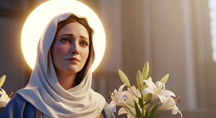 Solemnity of Mary banner with close-up of Mary’s compassionate expression, glowing halo