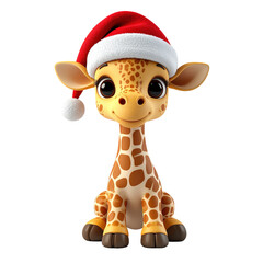 Charming baby giraffe figure wears a festive red and white seasonal hat, clipart, isolated on a transparent background.