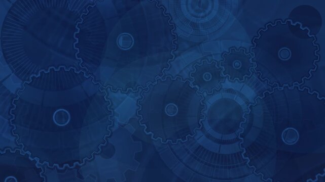 Abstract loopable background with rotating gears and cogs, complex system automation and digital processes, industrial or technological backdrop in blue