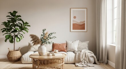Cozy minimalist living room with soft neutral tones and natural decor elements for a relaxing