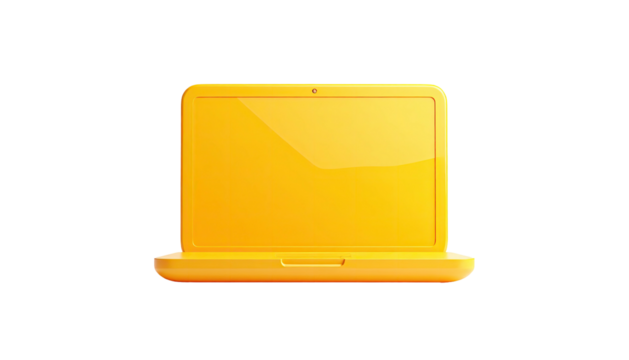 Glossy, yellow laptop on a plain, stark black background