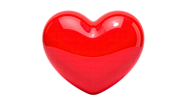 Glossy red heart on stark black background; bright reflection