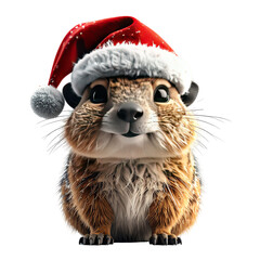 Adorable rodent character wearing a festive red and white winter hat, clipart, isolated on a transparent background.