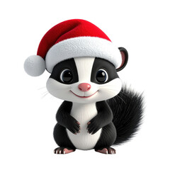 Adorable cartoon skunk character wearing a festive holiday cap, clipart, isolated on a transparent background.
