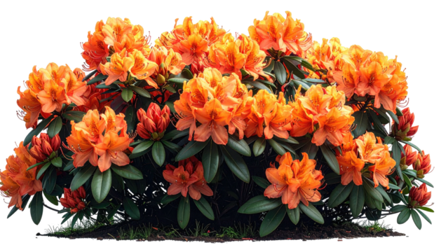Orange azalea bush with dark green leaves on transparent