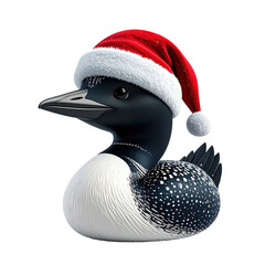 Aquatic bird portrait featuring a festive red and white cap, clipart, isolated on a transparent background.