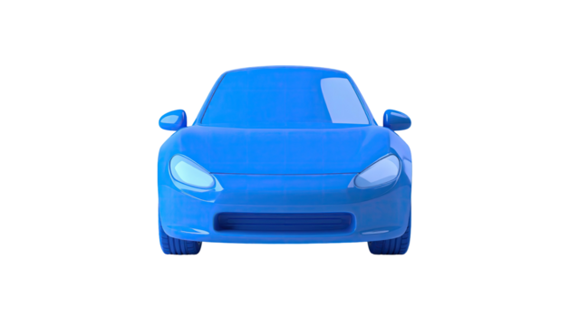 Front-facing view of a cartoonish, solid blue car