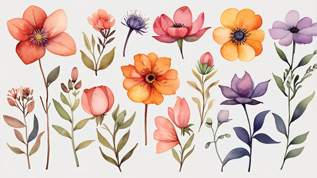 Collection of various watercolor flowers and floral elements, vibrant and delicate botanical illustrations
