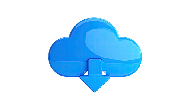Glossy blue cloud download icon against a stark black backdrop