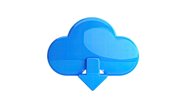 Glossy blue cloud download icon against a stark black backdrop