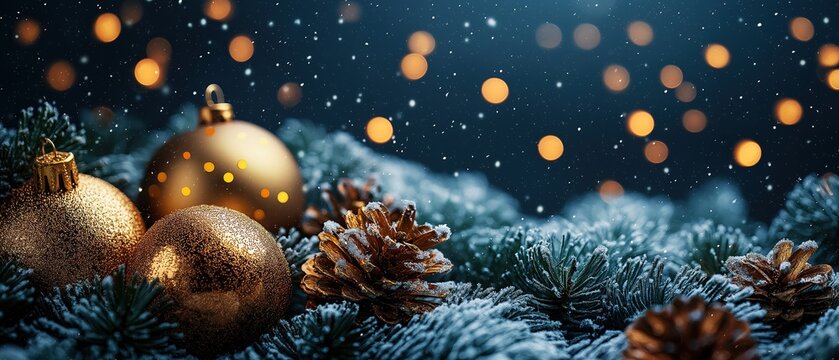 Christmas background with pine cones and golden ornaments on snowy fir branches under a night sky with bokeh lights for banner design