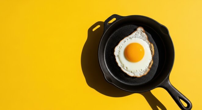 Fried egg in cast iron skillet on vibrant yellow background - Powered by Adobe