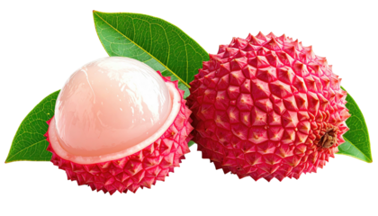 Two lychees, one peeled, with green leaves