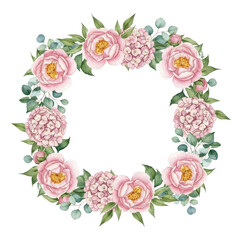 Pink peonies and hydrangeas floral wreath isolated on transparent background